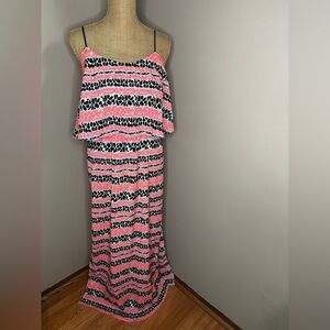TOPSHOP FLURO PRINT MAXI DRESS SIZE 8 PINK BLACK MULTI COLOR DOUBLE SLIT